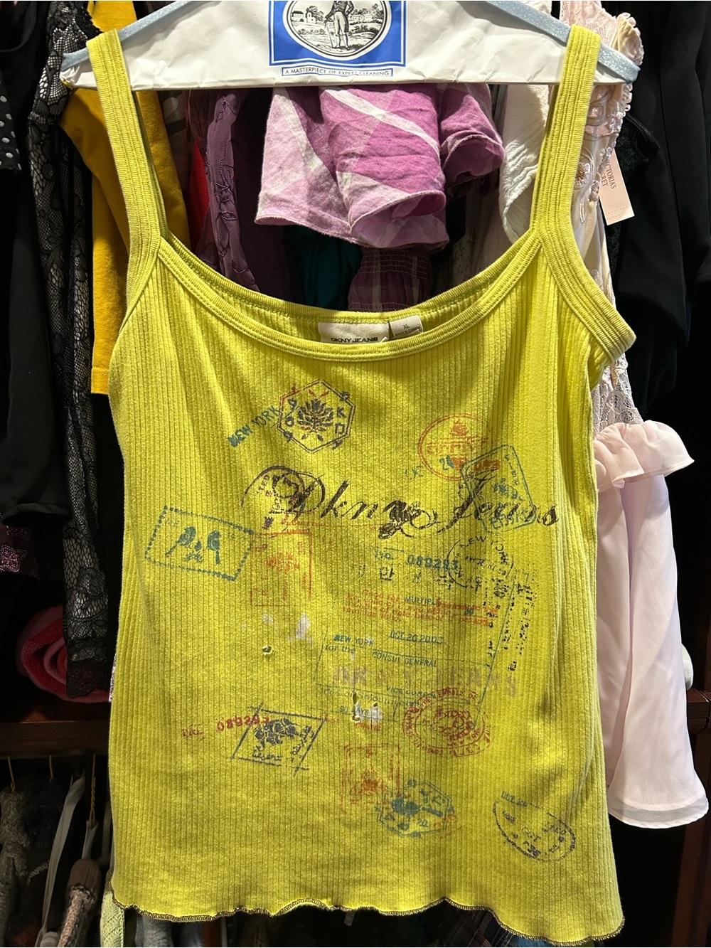 DKNY Yellow Ribbed Graphic Tank Top